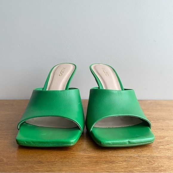 Aldo Selah Heeled Smooth Leather Mule Green Open Square Toe - Picture 3 of 13